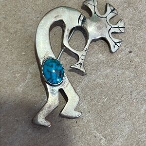 Silver Kokopelli Brooch with Turquoise Stone